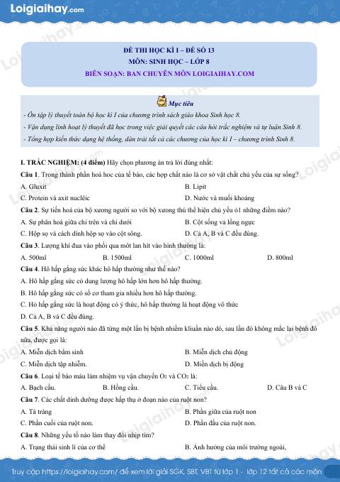 Đề số 13 - Đề kiểm tra học kì 1 - Sinh học 8